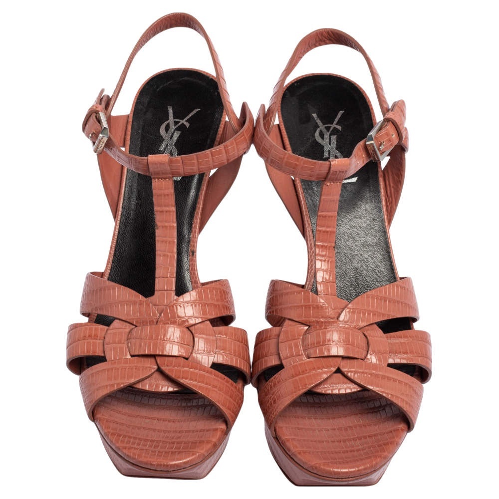 Saint Laurent Brown Lizard Embossed Leather Tribute Sandals Size 36.5